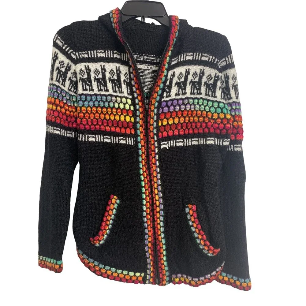 Alpaca‎ Hooded Multicolored Lightweight Sweater Size S